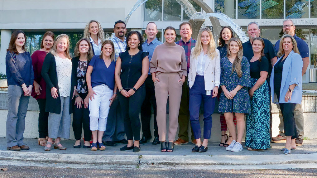 HASKELL’S LEARNING, DEVELOPMENT & ENGAGEMENT TEAM, back row, from left: Taylor Williams, Master Trainer; Lijo Abraham, Senior LMS Administrator; James Flaherty, Instructional Designer; Chip Scholz, Director – Leadership Consultant; Heather Cole, Manager, Process Improvement AE Operations Support; Michael McLauchlan, Director, Field Technical Training; and Michael Osborne, Craft Development Specialist. Front row, from left: Yinru Baker, LMS Coordinator; Kim Pugh, Administration Assistant; Jennifer Hughes, Instructional Designer; Ashley Isaacson, Engagement Partner; Christine Scholz, LD&E Coordinator; Maria Jose Toro, Development Specialist; Brooke Jones-Chinetti, Director, Learning, Development & Engagement; Elizabeth Powell, Corporate Trainer; Mikayla Olson, AE Technical Training Coordinator; Sarah Richards, Field Training Development Specialist; Barbara Cotes, Manager, Team Member Engagement. Not pictured: Janet True, Director, Learning Standards & Practices; Kally Gibbs, Vice President – Chief of Staff; Will Schaet, Director, AEC Technical Training; Matthew McElhinney, Field Technical Instructional Designer; Dawn Warwick, AE Technical Training Lead; Sarah Moore, AE Development Specialist; Jill Routh, Development Specialist; and Rachel Curry, Director, Operations Support.