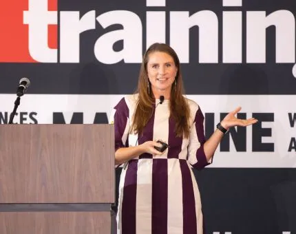 Keynoter Eileen McGivney, head, Northeastern University’s XR Education Lab, offers evidence-based design principles to guide integration of immersive technologies in learning. PHOTOGRAPHY BY @NOLAEVENTPHOTOGRAPHY